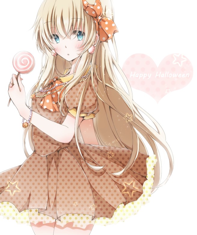 1girl blue_eyes brown_hair candy dress hairband halloween happy_halloween hiro_(hirohiro31) holding jewelry lollipop long_hair looking_at_viewer necklace original polka_dot polka_dot_dress solo