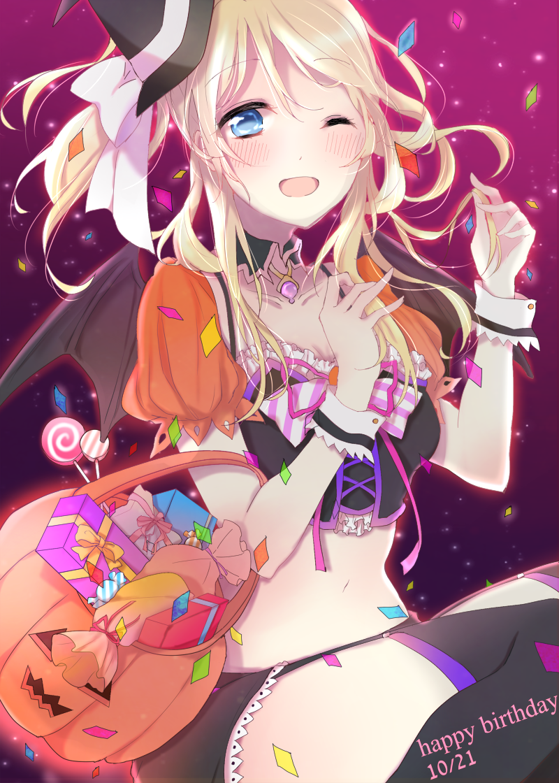 ayase_eli basket blonde_hair blue_eyes blush box candy gift gift_box halloween hat jack-o'-lantern lollipop love_live!_school_idol_project navel one_eye_closed pumpkin satoimo_chika smile witch_hat