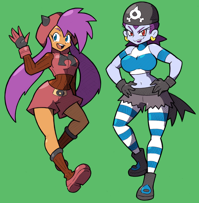2girls alternate_hairstyle ankle_boots armband bandana black_gloves blue_eyes blue_skin boots breasts cosplay crop_top crossover cutoffs dark_skin earrings fringe gloves hands_on_hips hat hoop_earrings jewelry large_breasts long_hair midriff multiple_girls navel pantyhose pirate pokemon pokemon_(game) pokemon_oras purple_hair red_eyes ribbed_sweater risky_boots shantae shantae_(character) shenanimation short_hair shorts socks striped striped_legwear sweater team_aqua_(cosplay) team_magma_(cosplay) tsurime twintails