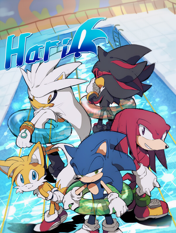 aoki_(fumomo) free! gloves goggles innertube knuckles_the_echidna miles_prower no_humans parody pool shadow_the_hedgehog shoes silver_the_hedgehog smile sneakers sonic sonic_the_hedgehog water