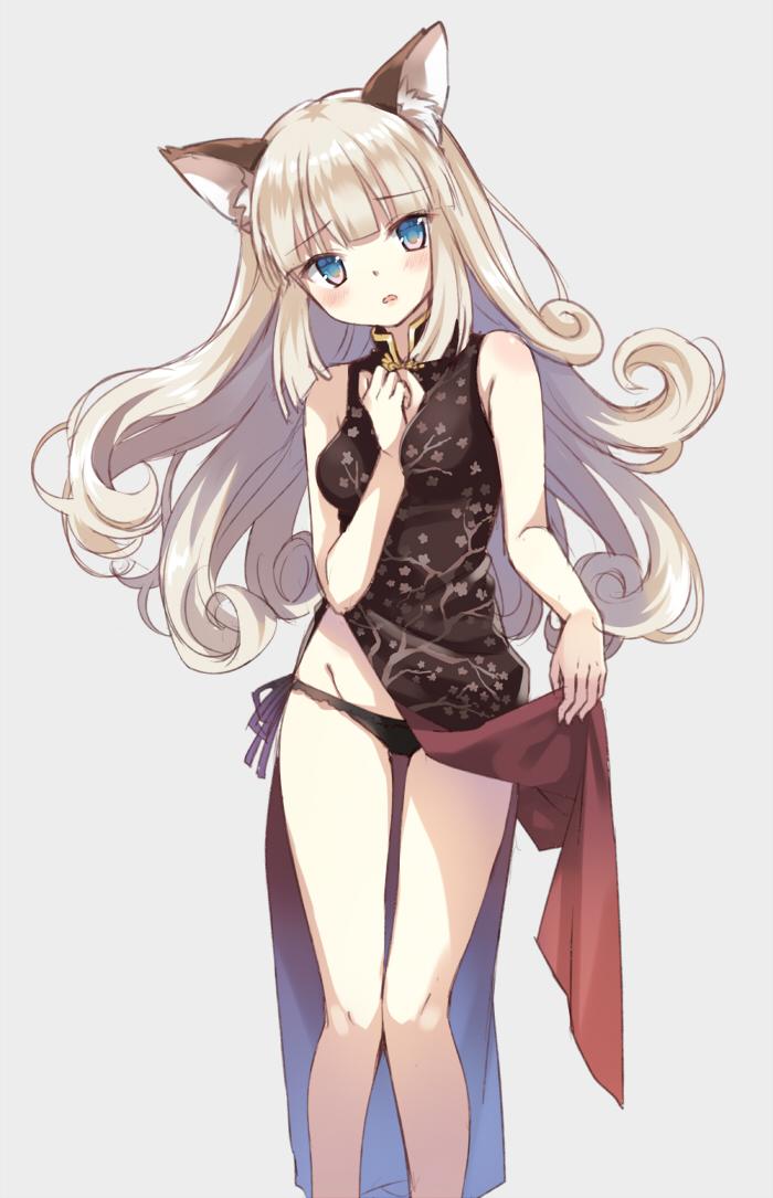 1girl animal_ears bangs bare_shoulders black_panties blue_eyes blunt_bangs breasts cat_ears china_dress chinese_clothes cleavage_cutout dress dress_lift fake_animal_ears grey_background hand_on_own_chest kurasawa_moko long_hair open_mouth original panties side-tie_panties silver_hair underwear