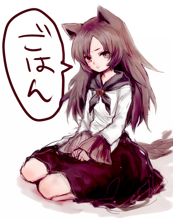 1girl animal_ears brown_eyes brown_hair full_body furorida imaizumi_kagerou long_hair long_sleeves looking_at_viewer seiza shirt simple_background sitting skirt solo speech_bubble tail touhou translated white_background white_shirt wolf_ears wolf_tail