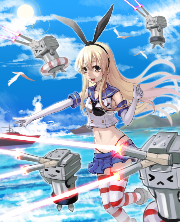 &gt;_&lt; 1girl :&lt; blonde_hair bojue_yu_yaojing_695657 elbow_gloves gloves hairband highleg highleg_panties kantai_collection laser long_hair navel ocean panties rensouhou-chan sailor_collar shimakaze_(kantai_collection) ship skirt smile striped striped_legwear thigh-highs underwear very_long_hair