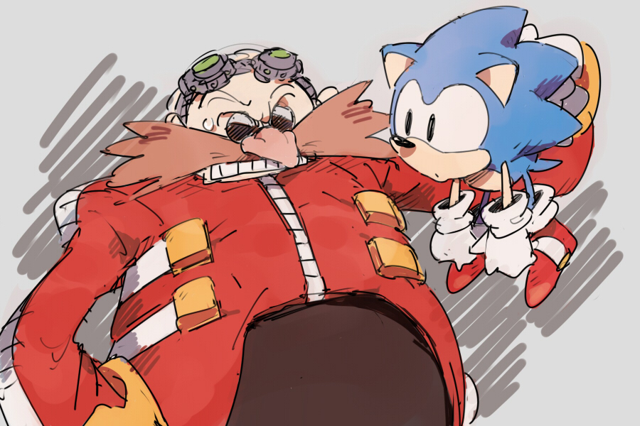 chiro_(pez777) dr._eggman facial_hair glasses goggles goggles_on_head holding mustache sonic sonic_the_hedgehog