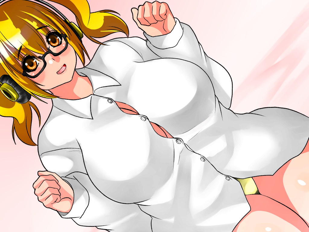1girl bespectacled blonde_hair blush breasts glasses headphones huge_breasts isuna large_breasts looking_at_viewer naked_shirt nitroplus no_pants open_mouth orange_eyes panties plump short_hair smile solo super_pochaco twintails underwear