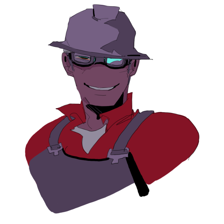 1boy bust goggles hardhat helmet looking_at_viewer male no_nose overalls simple_background smile solo t8909 team_fortress_2 the_engineer white_background