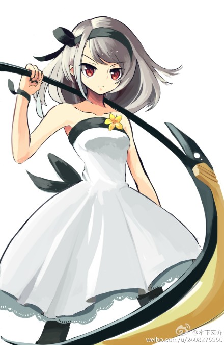 1girl artist_name bare_shoulders character_request commentary_request dress flower hairband over_shoulder pantyhose red_eyes scythe short_hair silver_hair simple_background solo wanglee417 weapon weapon_over_shoulder white_background