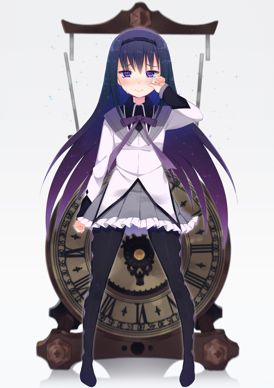 1girl akemi_homura clock crying crying_with_eyes_open hairband highres hym9594 long_hair looking_at_viewer magical_girl mahou_shoujo_madoka_magica pleated_skirt purple_hair skirt smile solo streaming_tears tears very_long_hair violet_eyes