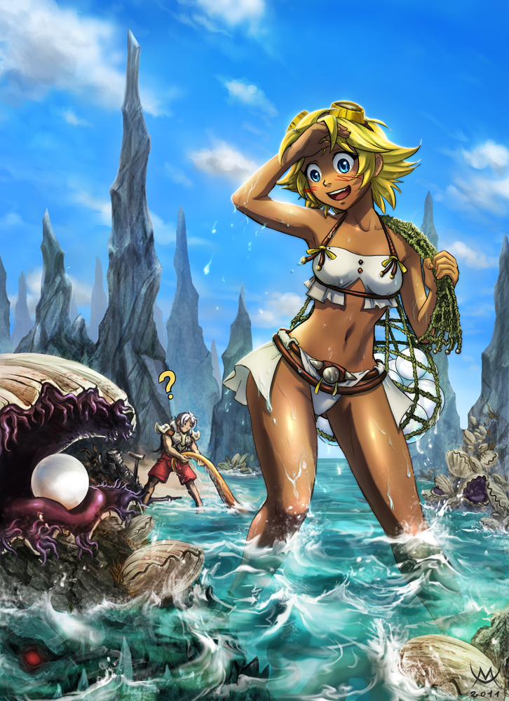 1boy 1girl 2011 ? armor bait beach bikini blonde_hair blue_eyes blush clam clouds dark_skin goggles goggles_on_head jagged_rocks kelwin_grissom maxa' monster navel net open_mouth original outdoors partially_submerged pearl red_eyes seashell sharp_teeth shell shorts shoulder_pads silver_hair sky swimsuit sword tentacles tild_framith wading water weapon wet white_bikini white_swimsuit