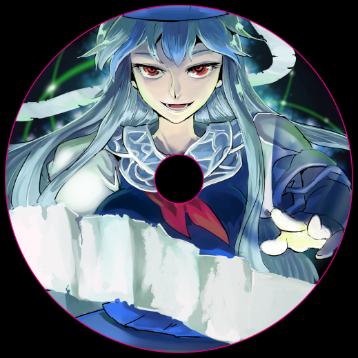 1girl album_cover blue_dress breasts cover dress hat kamishirasawa_keine large_breasts long_hair looking_at_viewer neckerchief open_mouth red_eyes scroll shirt silver_hair sinzan smile solo touhou very_long_hair