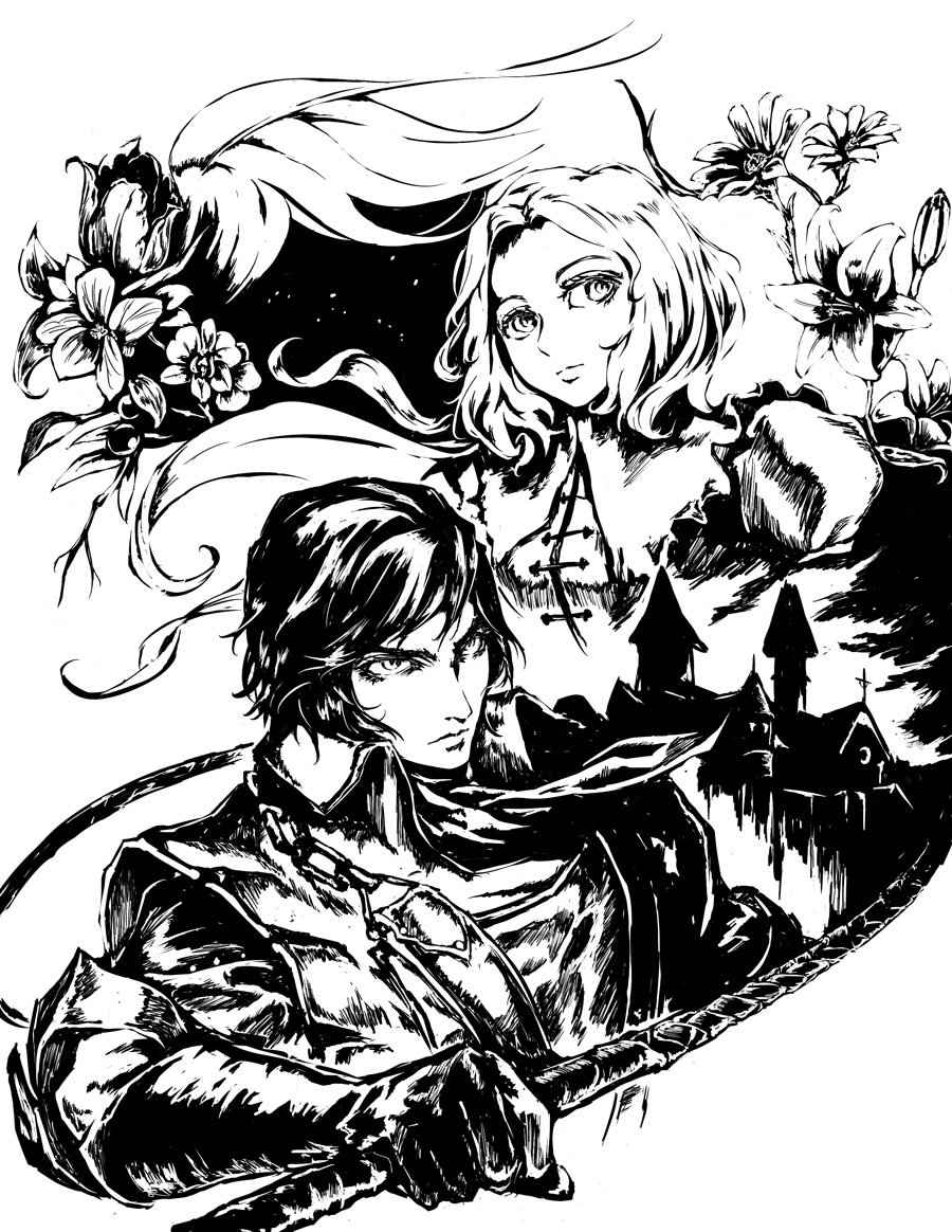 castle castlevania castlevania:_dracula_x_chronicles cravat elbow_gloves gloves jitsu_shizu long_hair maria_renard monochrome ponytail richter_belmondo tagme whip