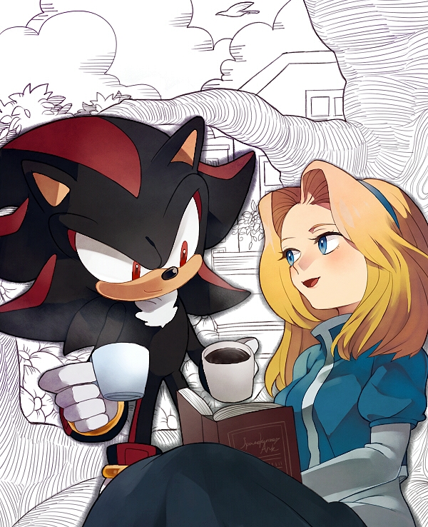 blonde_hair blue_eyes book cup hairband maria_robotnik mug naoko_(juvenile) partially_colored red_eyes shadow_the_hedgehog smile sonic_the_hedgehog