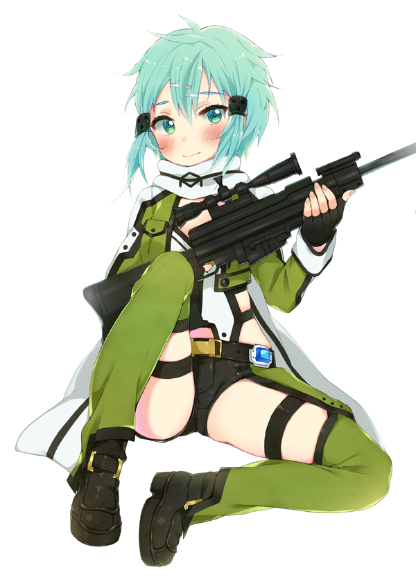 1girl aqua_eyes aqua_hair black_gloves fingerless_gloves gloves gun hair_ornament hairclip holding hym9594 looking_at_viewer rifle scarf shinon_(sao) short_hair sitting sniper_rifle solo sword_art_online weapon