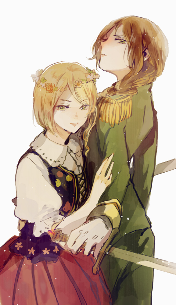 2girls axis_powers_hetalia blonde_hair blush braid brown_hair dress dual_wielding epaulettes floral_print flower genderswap gloves green_eyes head_wreath hear lithuania_(hetalia) long_hair long_sleeves looking_back military military_uniform minaide_yatose multiple_girls pants poland_(hetalia) polish_clothes puffy_short_sleeves puffy_sleeves short_hair short_sleeves simple_background single_braid sword traditional_clothes uniform weapon white_background white_gloves