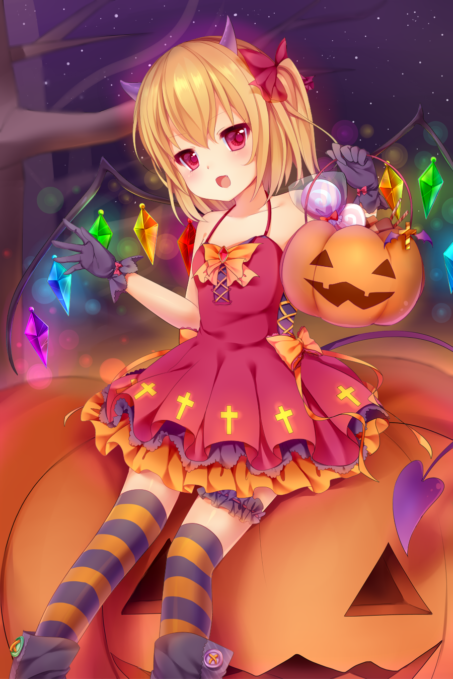 1girl :d alternate_costume basket black_gloves blonde_hair bow candy collarbone demon_horns demon_tail dress fang flandre_scarlet frills gloves hair_bow hair_ribbon halloween highres holding horns jack-o'-lantern lollipop looking_at_viewer nachi one_side_up open_mouth red_dress red_eyes ribbon sitting smile solo striped striped_legwear tail thigh-highs touhou wings zettai_ryouiki