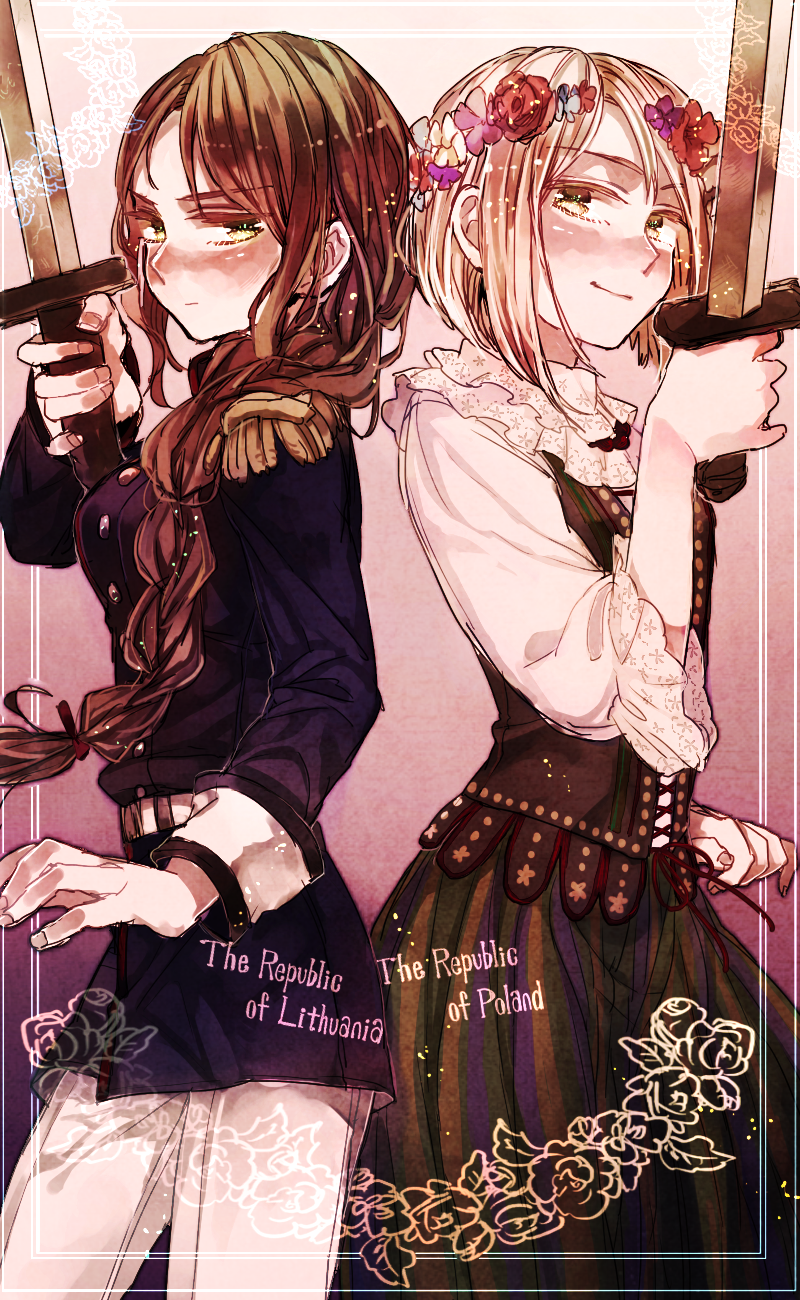 2girls axis_powers_hetalia back-to-back belt blonde_hair blush braid brown_hair buttons character_name dress epaulettes floral_print flower genderswap green_eyes head_wreath highres holding holding_sword holding_weapon light_smile lithuania_(hetalia) long_hair long_sleeves looking_at_another military military_uniform misoko_(misonamezizou) multiple_girls pants poland_(hetalia) polish_clothes short_hair single_braid sword traditional_clothes uniform weapon