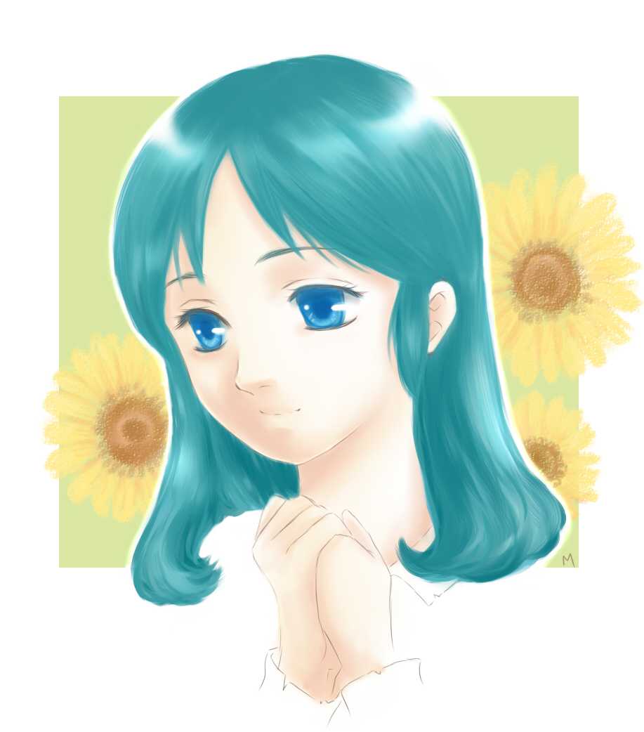 1girl blue_eyes blue_hair flower long_hair princess_sarah sarah_crewe sunflower