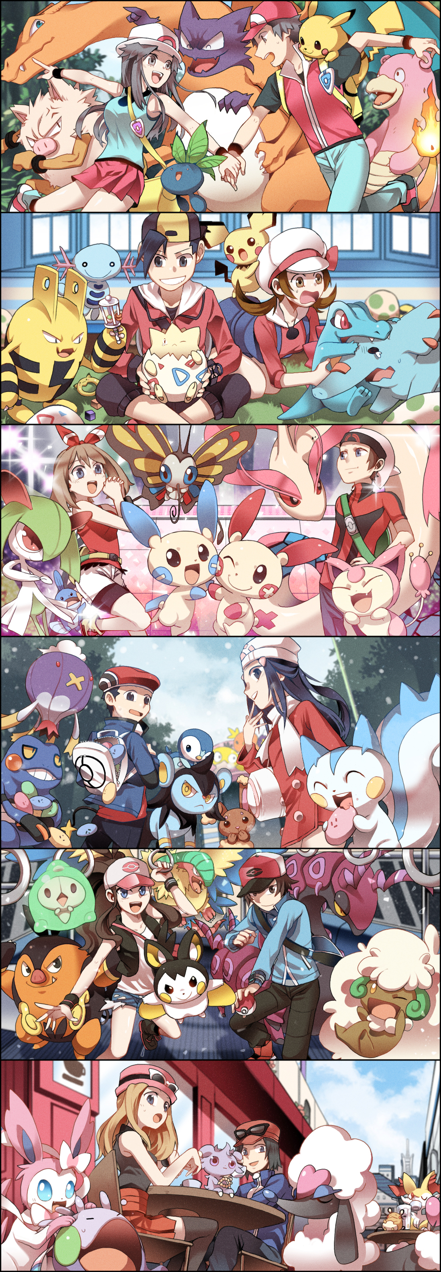 6+boys 6+girls absurdres archeops beautifly berries blue_(pokemon) brown_hair buneary calme_(pokemon) charizard croagunk dedenne delphox drifblim duosion eating elekid emolga espurr furfrou gold_(pokemon) goomy haruka_(pokemon) haruka_(pokemon)_(remake) haunter highres hikari_(pokemon) kirlia kotone_(pokemon) kouki_(pokemon) luxio milotic minun mudkip multiple_boys multiple_girls oddish pachirisu pichu pignite pikachu piplup plusle pokemon pokemon_(creature) pokemon_(game) pokemon_bw pokemon_dppt pokemon_frlg pokemon_hgss pokemon_oras pokemon_xy primeape red_(pokemon) scolipede serena_(pokemon) skitty slowbro stage subway sylveon togepi totodile touko_(pokemon) touya_(pokemon) whimsicott wm_(chawoo1357) wooper yuuki_(pokemon) yuuki_(pokemon)_(remake)