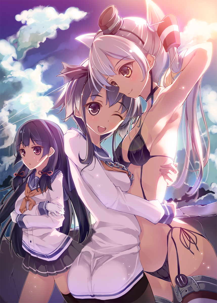 3girls amatsukaze_(kantai_collection) ass bikini black_bikini blue_sky clouds fukuda_shuushi hair_tubes highres hug isokaze_(kantai_collection) kantai_collection long_sleeves multiple_girls neckerchief one_eye_closed open_mouth panties purple_hair school_uniform serafuku shirt side-tie_panties silver_hair skirt sky small_breasts smile striped striped_legwear swimsuit thigh-highs tokitsukaze_(kantai_collection) two_side_up underwear violet_eyes yellow_eyes zettai_ryouiki