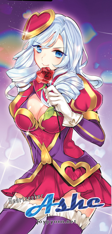 1girl ashe_(league_of_legends) blue_eyes breasts character_name cleavage cleavage_cutout cowboy_shot drill_hair flower hair_ornament heart joypyonn league_of_legends long_hair looking_at_viewer purple_legwear rose smile solo thigh-highs watermark web_address white_hair