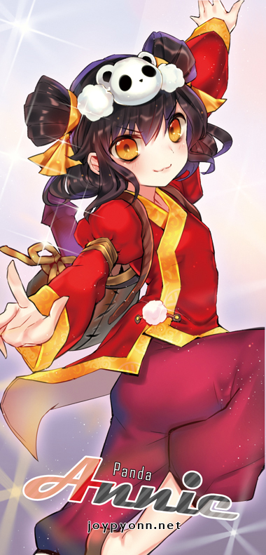 1girl :3 annie_hastur black_hair blush character_name chinese_clothes double_bun fighting_stance joypyonn league_of_legends leg_up looking_at_viewer outstretched_arms panda short_hair solo spread_arms watermark web_address yellow_eyes