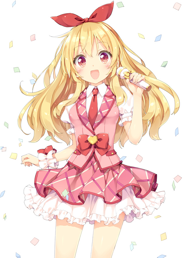 1girl :d aikatsu! blonde_hair confetti frills hairband holding hoshimiya_ichigo idol long_hair looking_at_viewer microphone necktie open_mouth peko red_eyes smile solo wrist_cuffs