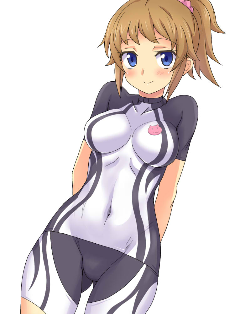 1girl arms_behind_back blue_eyes blush bodysuit breasts brown_hair covered_navel cowboy_shot eeeeee gundam gundam_build_fighters gundam_build_fighters_try hoshino_fumina impossible_clothes looking_at_viewer mound_of_venus ponytail short_hair smile solo white_background