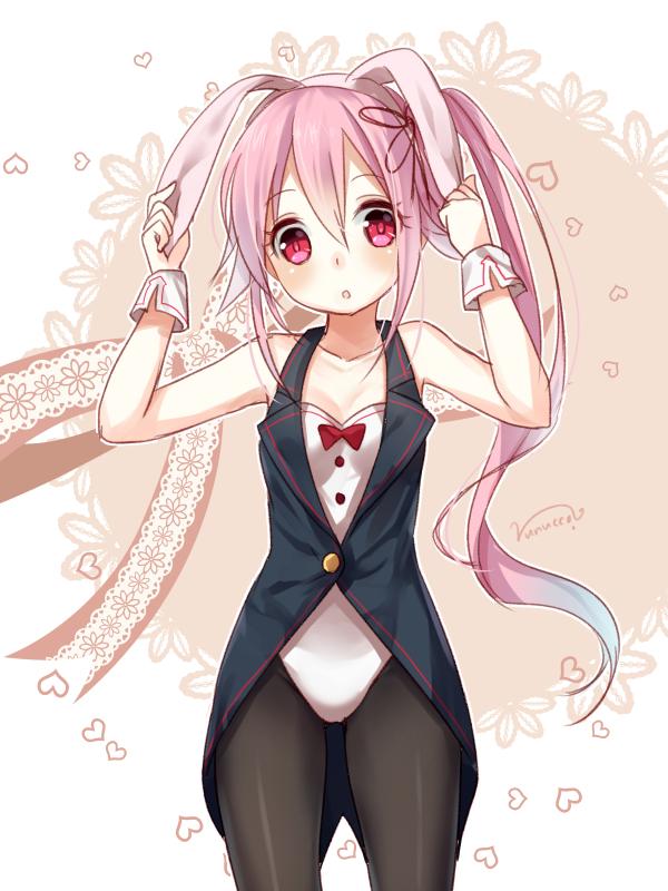 1girl animal_ears bunnysuit fake_animal_ears hair_ornament hair_ribbon harusame_(kantai_collection) kantai_collection leotard long_hair looking_at_viewer multicolored_hair nunucco open_mouth pantyhose pink_eyes pink_hair rabbit_ears red_eyes ribbon side_ponytail solo wrist_cuffs