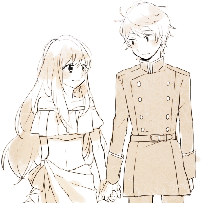 1boy 1girl aldnoah.zero asseylum_vers_allusia bare_shoulders blush height_difference holding_hands long_hair midriff military military_uniform short_hair slaine_troyard smile uniform