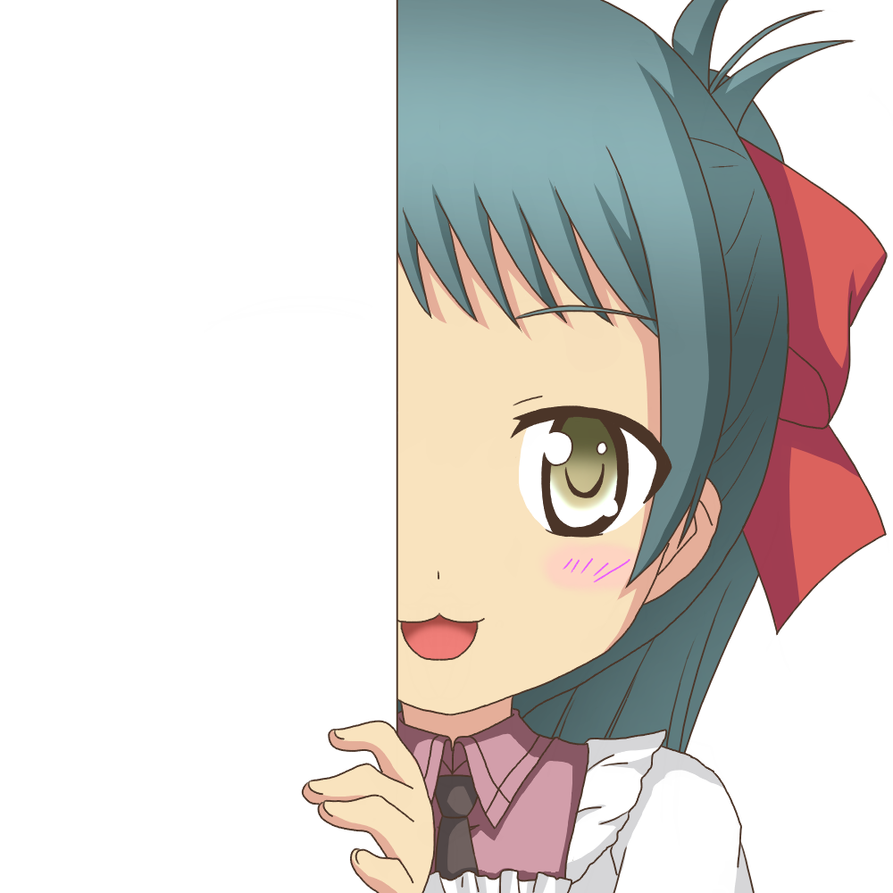 1girl :3 :d bow green_eyes green_hair hair_bow hair_ribbon irako_(kantai_collection) kantai_collection long_hair looking_at_viewer nagineko necktie open_mouth peeking_out ponytail ribbon smile solo transparent_background