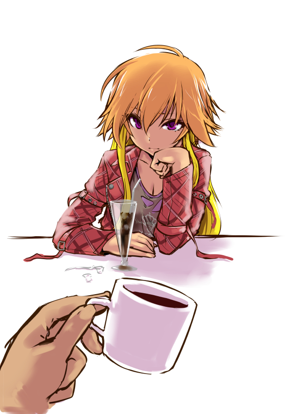 1girl blonde_hair breasts casual chin_rest cleavage coffee_mug drink idolmaster idolmaster_cinderella_girls jacket long_hair looking_at_viewer multicolored_hair ninomiya_asuka orange_hair plaid pov ruuen_rouga solo two-tone_hair violet_eyes