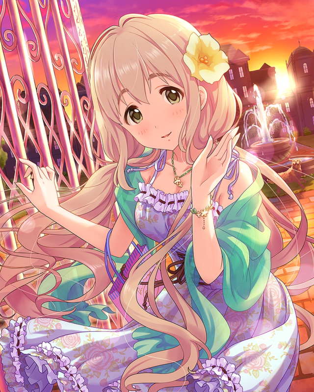 1girl flower hair_flower hair_ornament idolmaster idolmaster_cinderella_girls long_hair outdoors saionji_kotoka solo very_long_hair