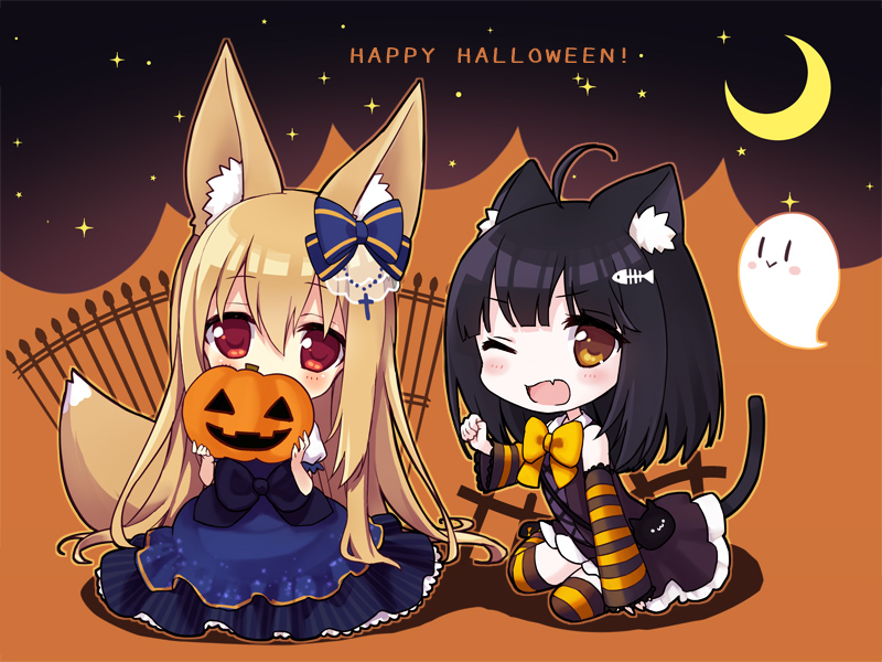 2girls ;d =&gt; ahoge animal_ears black_hair bow brown_eyes brown_hair cat_ears cat_tail chibi covering_mouth detached_sleeves fox_ears fox_tail ghost hair_bow hair_ornament halloween happy_halloween irimo-m jack-o'-lantern long_hair looking_at_viewer multiple_girls one_eye_closed open_mouth original smile striped striped_legwear tail |_|