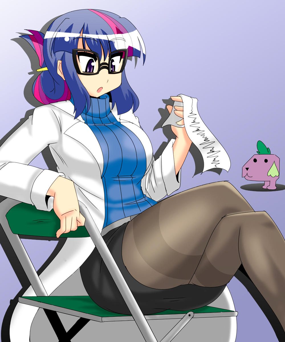 1girl :o akasode_(tyaramu) animalization breasts dog folded_hair glasses highres labcoat long_hair multicolored_hair my_little_pony my_little_pony_friendship_is_magic open_mouth pantyhose personification pink_hair purple_hair sitting spike_(my_little_pony) sweater turtleneck twilight_sparkle violet_eyes
