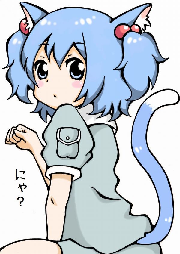 1girl animal_ears blue_eyes blue_hair cat_ears cat_tail hair_bobbles hair_ornament kawashiro_nitori kemonomimi_mode looking_at_viewer looking_back meme-tan_(bana_nan26) no_hat paw_pose puffy_short_sleeves puffy_sleeves shirt short_sleeves solo tail touhou two_side_up