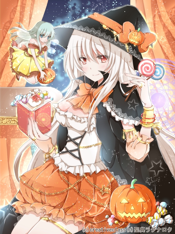 2girls book breasts candy cape cleavage fairy frills green_eyes green_hair halloween hat hiro_(hirohiro31) holding jack-o'-lantern lollipop long_hair looking_at_viewer multiple_girls official_art original pointy_ears red_eyes silver_hair size_difference smile witch_hat