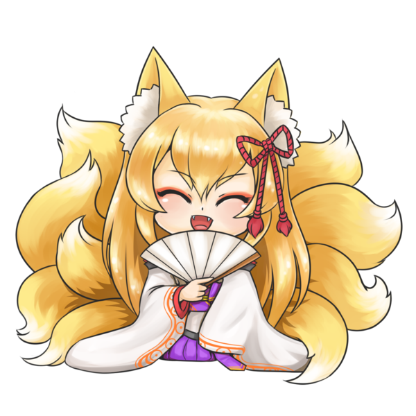 1girl animal_ears blonde_hair bow chibi closed_eyes fan fangs folding_fan fox_ears fox_tail full_body hair_bow japanese_clothes long_hair mon-musu_quest! multiple_tails open_mouth simple_background sitting solo tail tamamo_(mon-musu_quest!) tscbr white_background