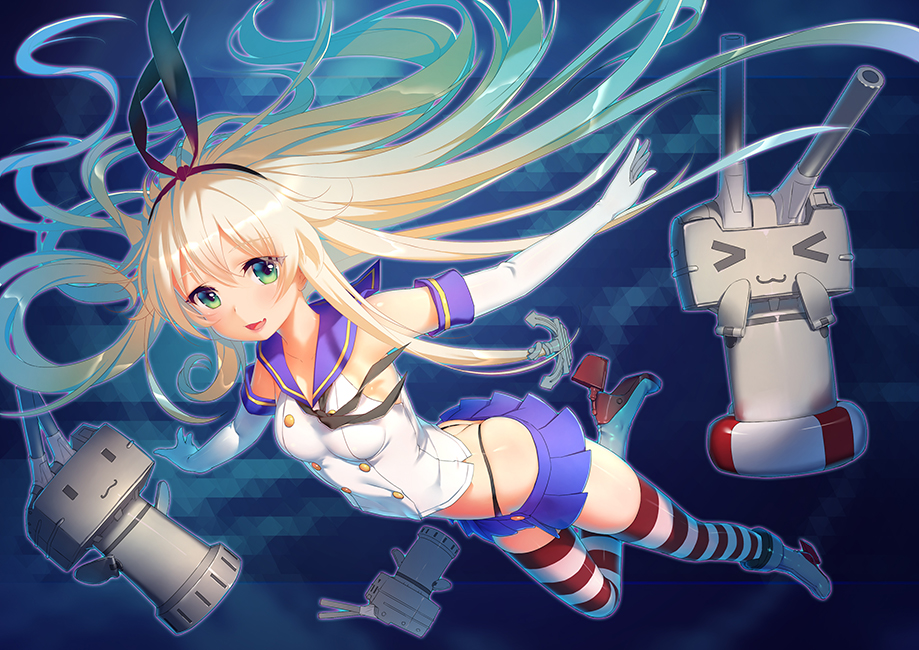 1girl :d anchor_hair_ornament aqua_eyes blonde_hair elbow_gloves gloves gradient_hair hairband kantai_collection long_hair looking_at_viewer multicolored_hair open_mouth outstretched_arms pleated_skirt rensouhou-chan school_uniform serafuku shimakaze_(kantai_collection) skirt smile spread_arms striped striped_legwear thigh-highs turret very_long_hair zettai_ryouiki zimajiang
