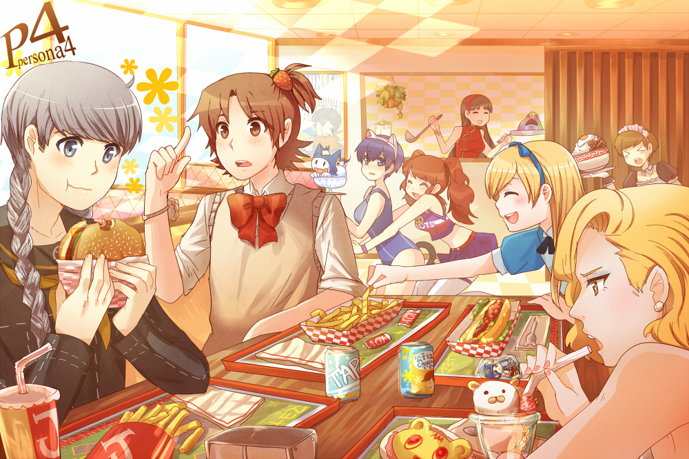 &gt;_&lt; 4boys 4girls alice_(wonderland)_(cosplay) alternate_costume amagi_yukiko animal_ears black_hair blonde_hair blue_eyes blue_hair brown_eyes brown_hair cat_ears cat_tail chinese_clothes cosplay crossdressinging digital_devil_saga drink eating enmaided everyone food french_fries grey_eyes grey_hair hamburger hanamura_yousuke ice_cream jack_frost juliet_starling juliet_starling_(cosplay) kataro kujikawa_rise kuma_(persona_4) lollipop_chainsaw long_hair maid marie_(persona_4) multiple_boys multiple_girls napkin narukami_yuu open_mouth persona persona_4 persona_4_the_golden satonaka_chie school_swimsuit school_uniform serph shirogane_naoto short_hair soda_can swimsuit table tail tatsumi_kanji