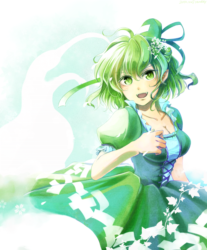 1girl breasts collarbone dress green_dress green_eyes green_hair hair_ribbon large_breasts looking_at_viewer maeda_hama no_hat open_mouth pointy_ears puffy_sleeves ribbon short_hair short_sleeves soga_no_tojiko solo touhou