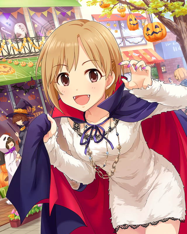 :d aiba_yumi bat breasts cape fangs fingernails ghost halloween hat idolmaster idolmaster_cinderella_girls jack-o'-lantern jewelry long_fingernails looking_at_viewer nail_polish necklace open_mouth outdoors pink_nails pumpkin silk smile solo_focus spider_web sun_(symbol) town vampire witch_hat