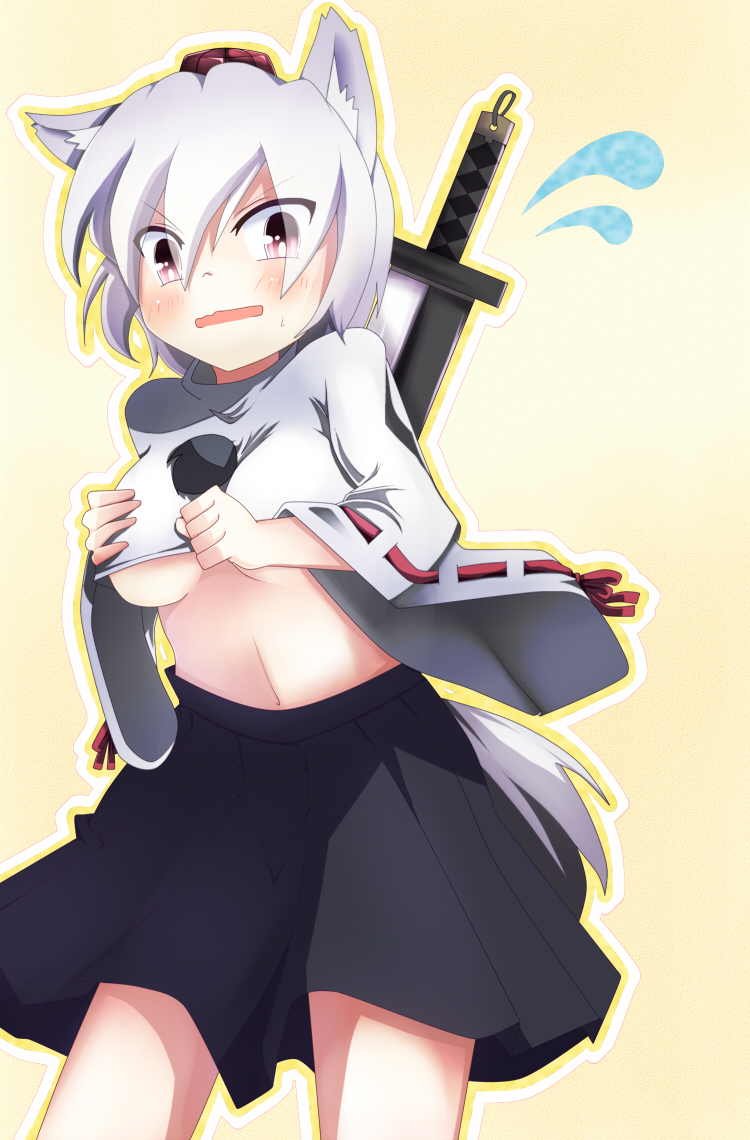 1girl animal_ears blush breasts embarrassed hand_on_own_chest hat inubashiri_momiji long_sleeves midriff navel nekoro_(nekokabuto) open_mouth pom_pom_(clothes) red_eyes short_hair silver_hair solo sword tail tokin_hat touhou under_boob weapon wolf_ears wolf_tail