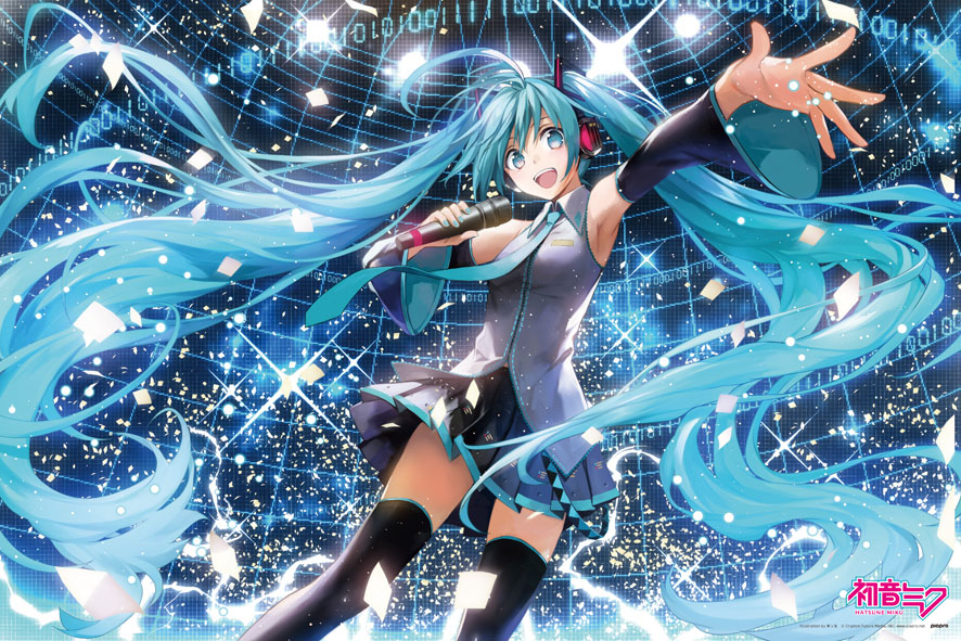 1girl :d armpits black_legwear blue_eyes blue_hair detached_sleeves hatsune_miku holding komecchi long_hair looking_at_viewer microphone necktie open_mouth pleated_skirt singing skirt smile solo thigh-highs twintails very_long_hair vocaloid zettai_ryouiki