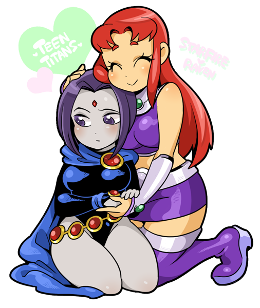 2girls ^_^ belt blush boots breasts cape closed_eyes dc_comics doboshiru forehead_jewel gem grey_skin happy kneeling large_breasts leotard long_hair multiple_girls orange_skin purple_hair raven_(dc) redhead short_hair skirt smile starfire teen_titans thigh-highs thigh_boots vambraces violet_eyes zettai_ryouiki