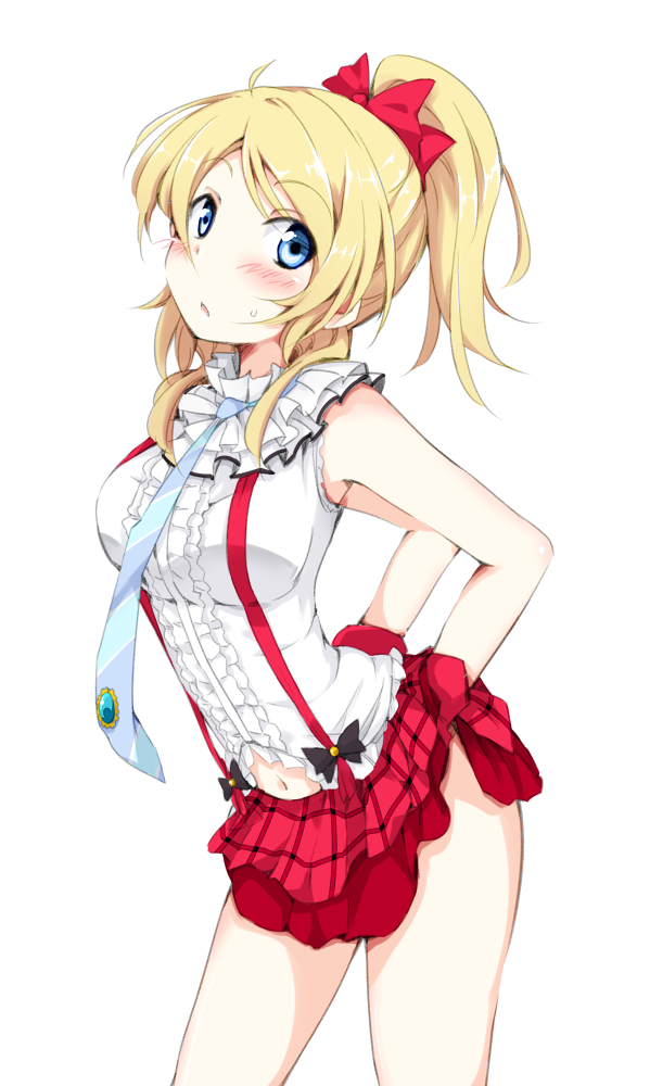 1girl ayase_eli blonde_hair blue_eyes blush breasts chata_maru_(irori_sabou) love_live!_school_idol_project navel ponytail simple_background skirt solo white_background