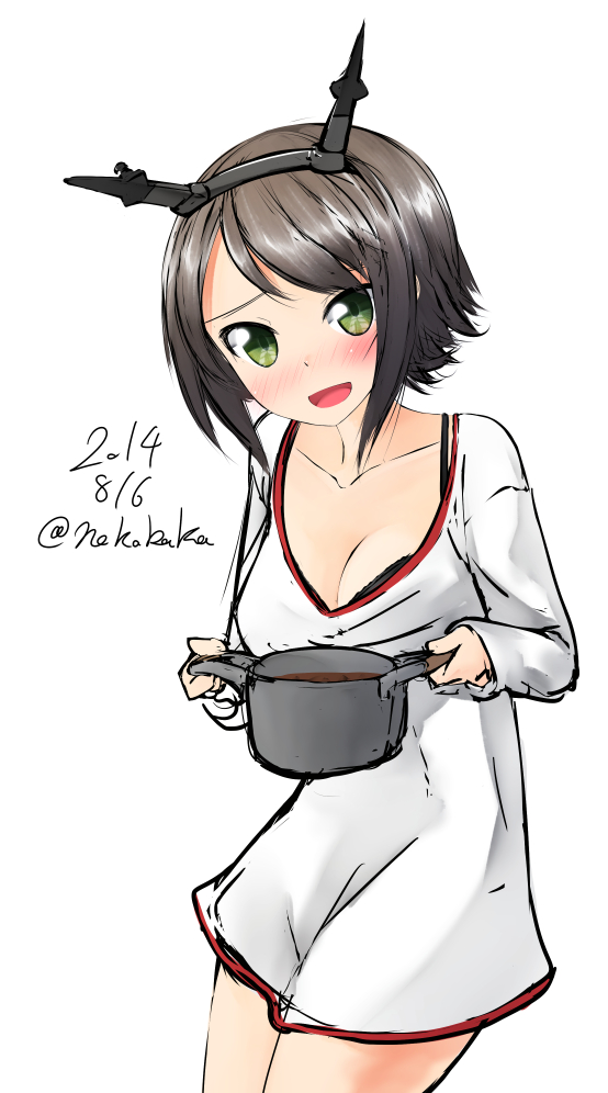 1girl black_bra blush bra bra_strap breasts brown_hair bust casual cleavage collarbone dated green_eyes holding kantai_collection legs_together long_sleeves looking_at_viewer mutsu_(kantai_collection) nekobaka no_pants open_mouth pot shirt short_hair simple_background sketch smile solo standing twitter_username underwear white_background white_shirt