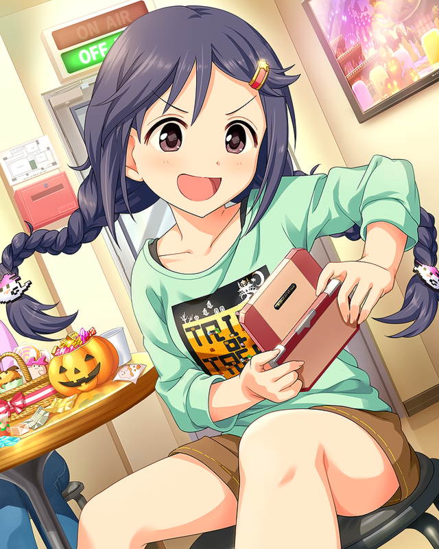 1girl :d braid candy chair ghost grey_hair hair_ornament halloween handheld_game_console holding idolmaster idolmaster_cinderella_girls jack-o'-lantern long_hair miyoshi_sana open_mouth playing_games pumpkin shorts sitting smile table twin_braids video_game