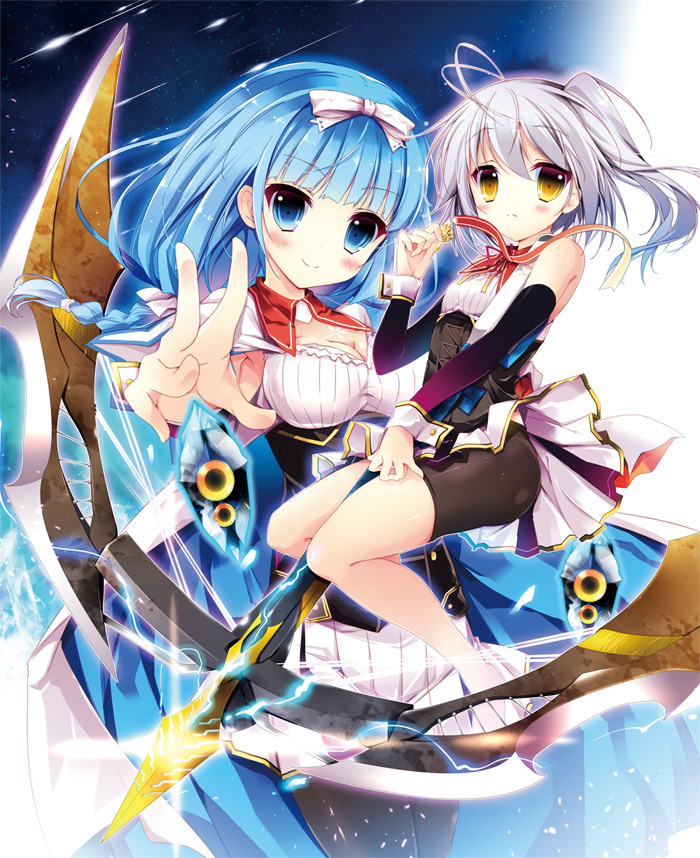 2girls blue_eyes blue_hair bow breasts cleavage copyright_request hair_bow hair_ribbon long_hair looking_at_viewer multiple_girls nanamomo_rio ponytail ribbon silver_hair smile weapon wind yellow_eyes