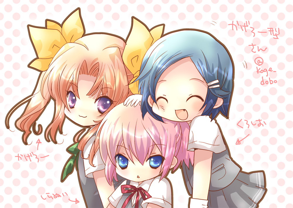 3girls :3 ^_^ blue_eyes blue_hair brown_hair closed_eyes gloves hair_ornament hair_ribbon hairclip kagerou_(kantai_collection) kantai_collection koge_donbo kuroshio_(kantai_collection) multiple_girls open_mouth petting pink_hair pleated_skirt ponytail ribbon school_uniform shiranui_(kantai_collection) short_hair skirt smile translation_request twintails twitter_username violet_eyes white_gloves