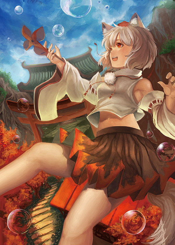 1girl amber_eyes animal_ears autumn_leaves bare_shoulders blue_sky bubble detached_sleeves flying hat hat_ribbon inubashiri_momiji long_sleeves midriff navel open_mouth pinwheel ribbon rikkido shirt shrine silver_hair skirt sky smile solo tail tokin_hat torii touhou tree wide_sleeves wolf_ears wolf_tail